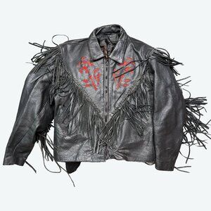 Interstate Leather Vintage Bikercore Roses Fringe Leather Biker Coat Wms Medium